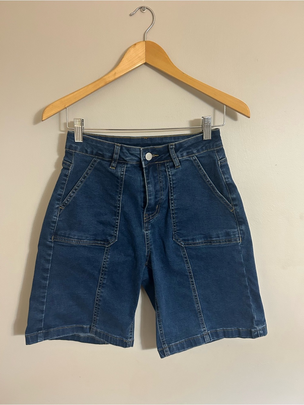 High-Rise Dark Blue Denim Utility Bermuda Shorts